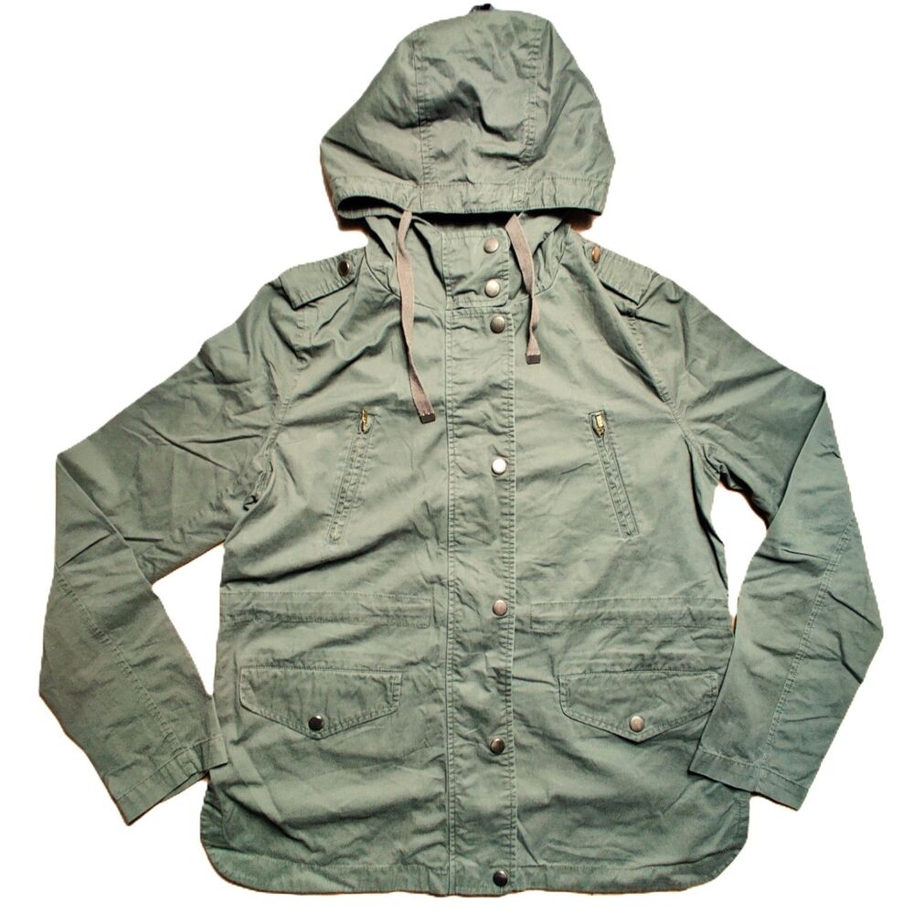 Love Tree Womens Utility Jacket L Hooded Olive Green Snap Zip Cotton Lightweight